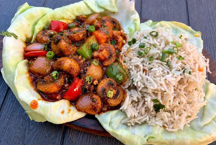 Fried Rice Sizzler with Chilli Mushroom
