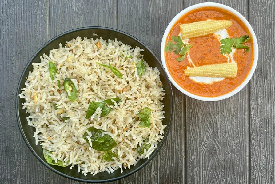 Jeera Rice with Baby Corn Masala Curry