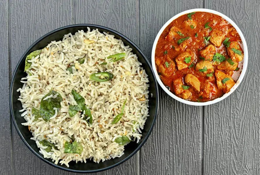 Jeera Rice with Chicken Masala Curry