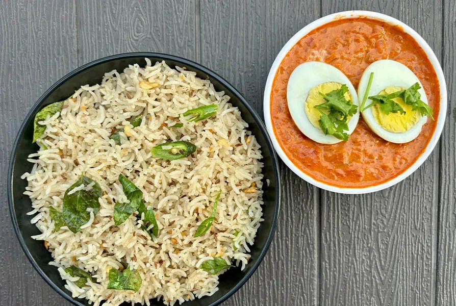 Jeera Rice with Egg Masala Curry