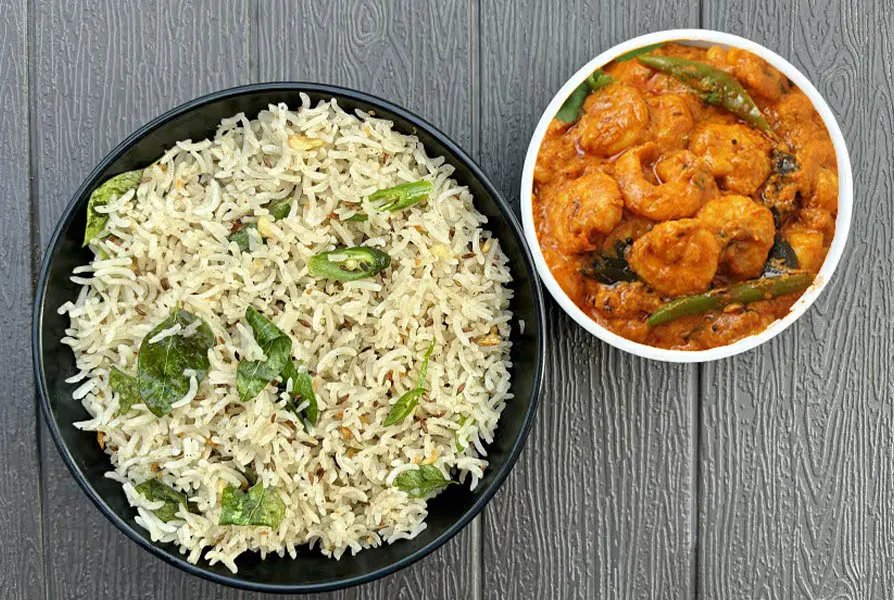 Jeera Rice with Prawn Masala Curry
